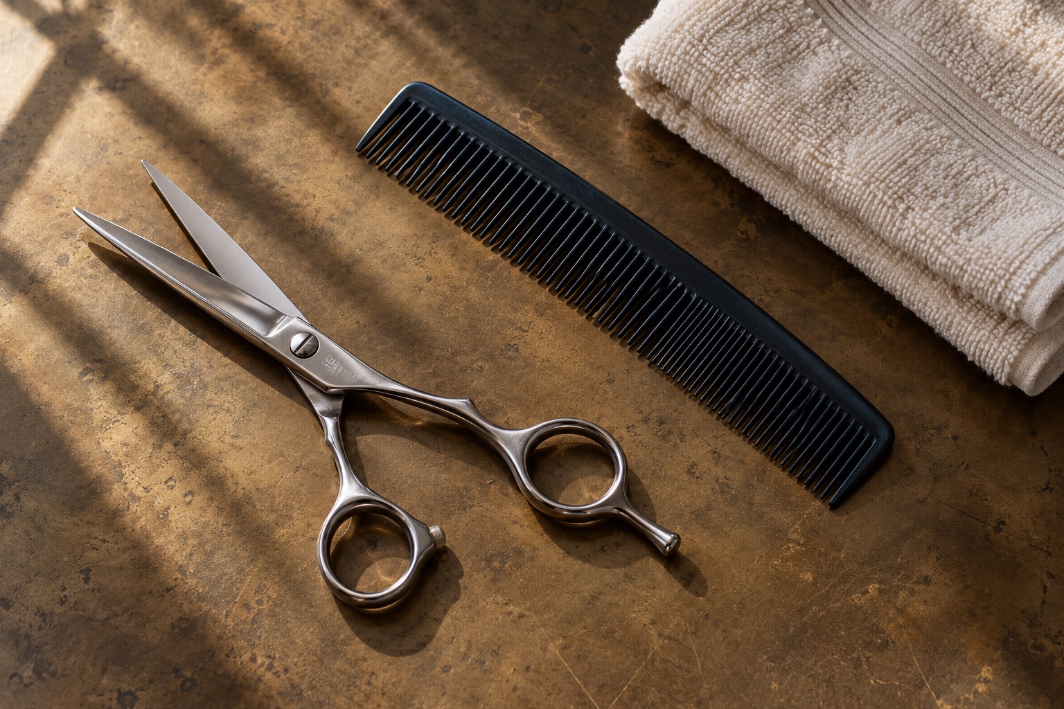 Illustrative still life of barber scissors, comb and a folded towel
